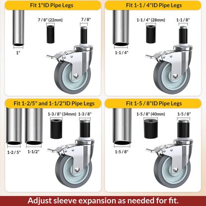 Caster wheels with total lock for different pipe leg sizes: 1-inch, 1-1/4-inch, 1-2/5-inch, and 1-5/8-inch pipe legs with adjustable fit - Holkie