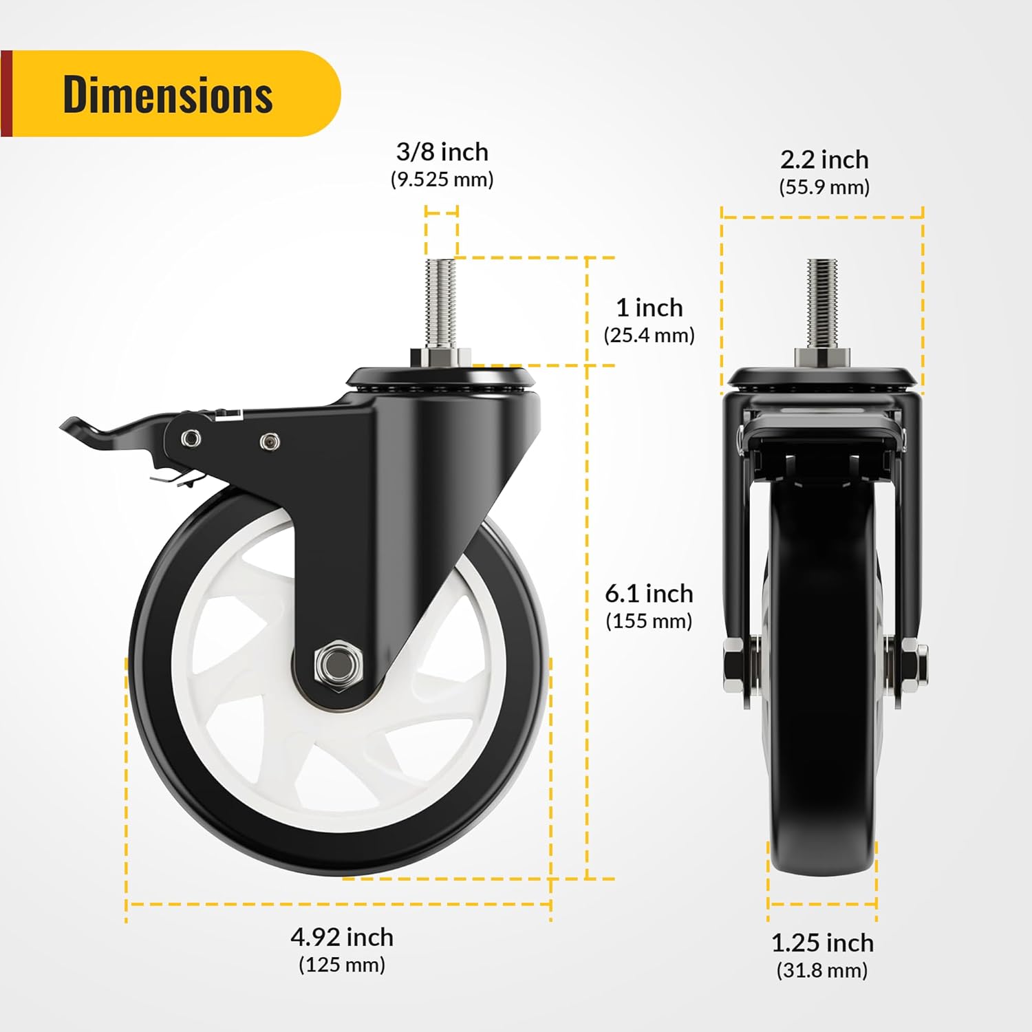 5 inch stem caster dimension 3/8"-16 threaded stem casters