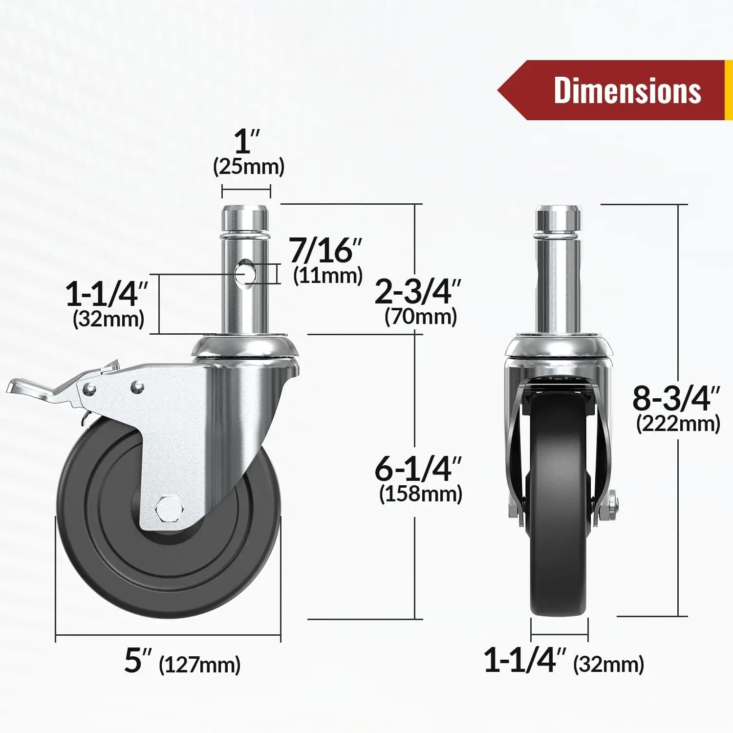 5" Scaffold Caster Wheels with Dual Brake – 1,190 lb Capacity (Set of 4)