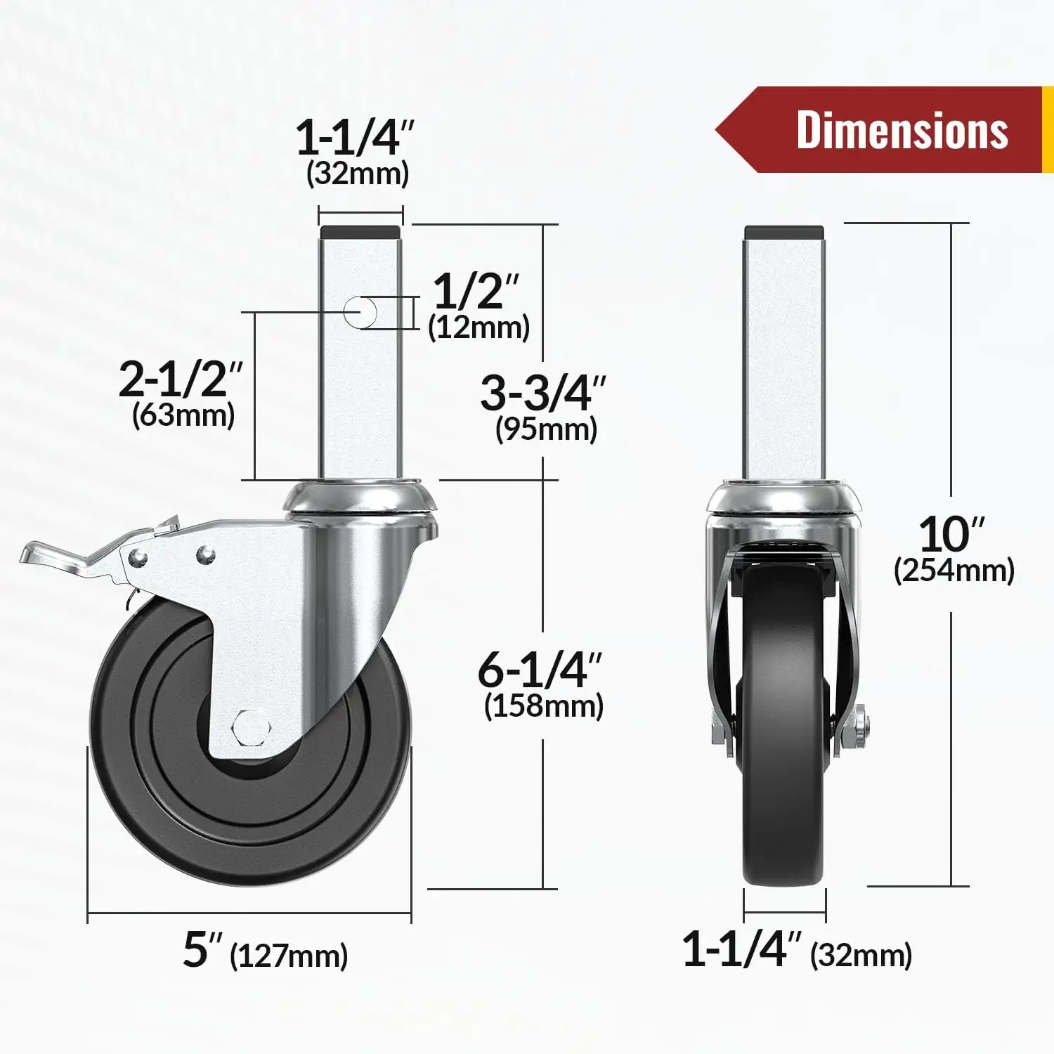 5" Scaffold Caster Wheels with Dual Brake – 1,190 lb Capacity (Set of 4)