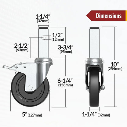 5" Scaffold Caster Wheels with Dual Brake – 1,190 lb Capacity (Set of 4)