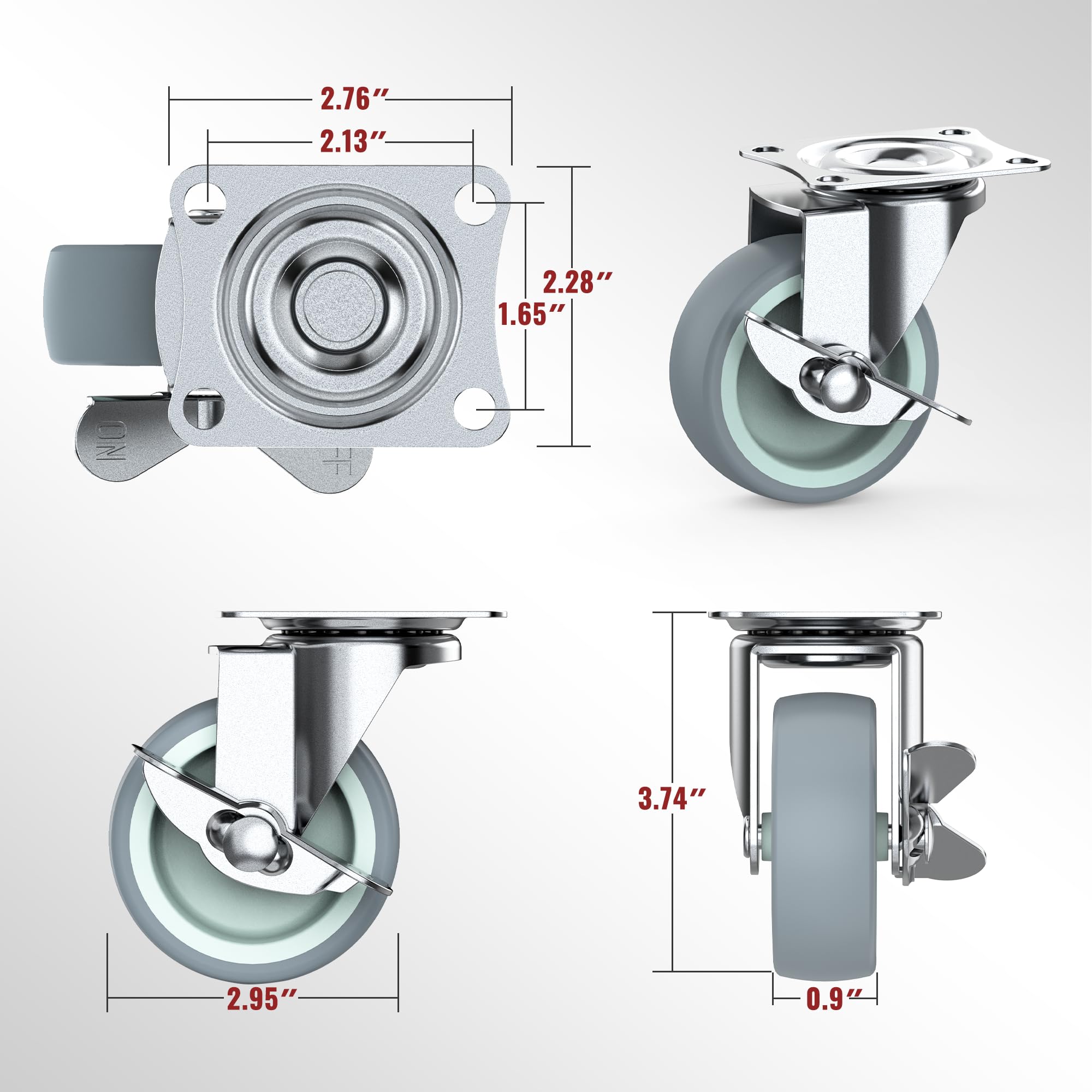 3 in Plate Casters Grey with Side Brake