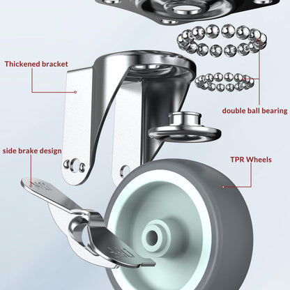 3 in Plate Casters Grey with Side Brake