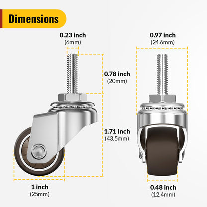 M6x1mm precision threaded stem (20mm length) 1 inch caster - Holkie
