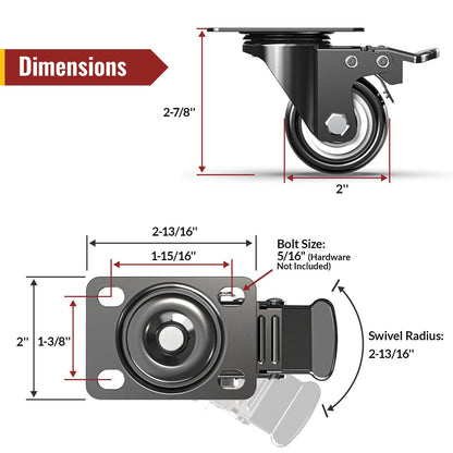 2 in Plate Casters Black with Brake