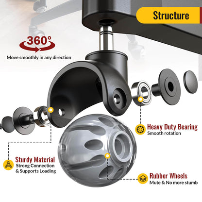 Universal 2-inch Office Chair Wheels Replacement - Heavy Duty Rubber Casters for Hardwood Floors 11x22mm Grip Ring Stem