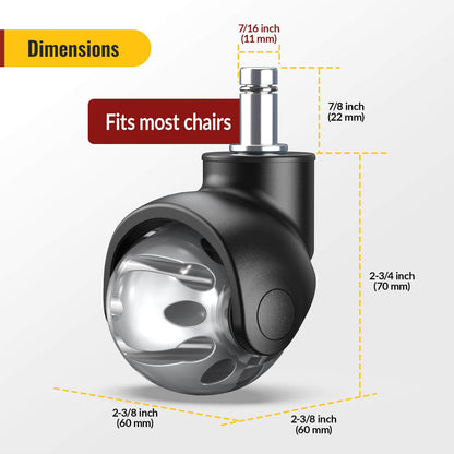 Universal 2-inch Office Chair Wheels Replacement - Heavy Duty Rubber Casters for Hardwood Floors 11x22mm Grip Ring Stem