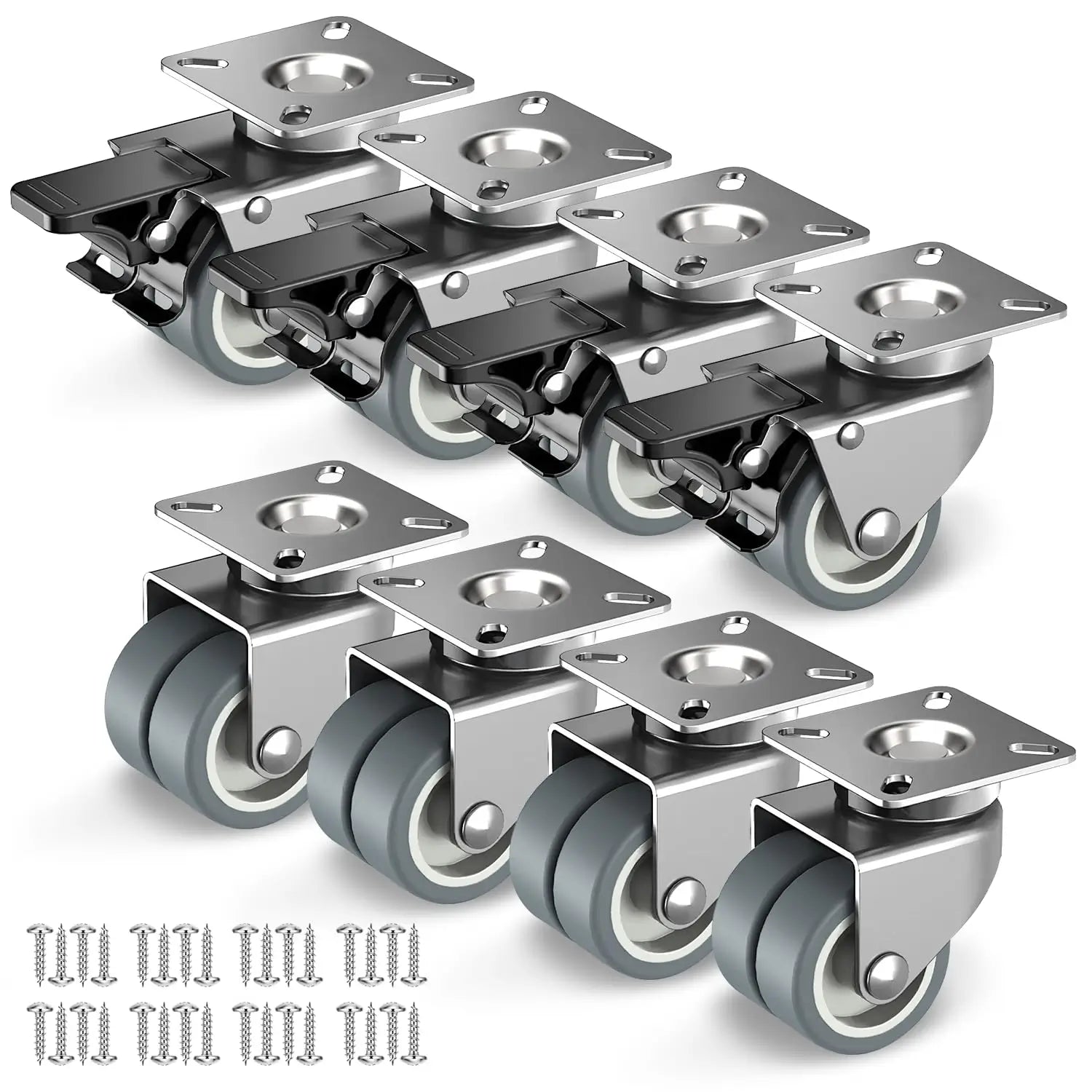 2 in Double Plate Casters Grey (2 Brake & 2 No Brake)