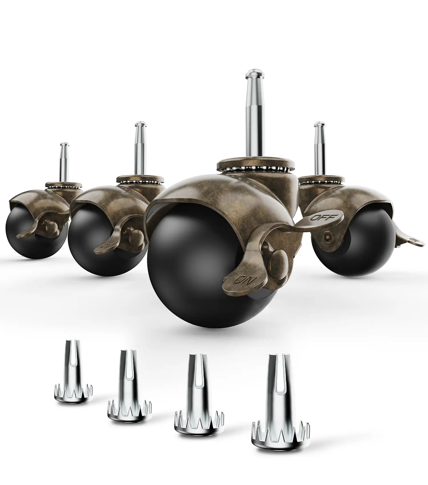 ball caster for chairs, grip ring stem, set of 4, brass