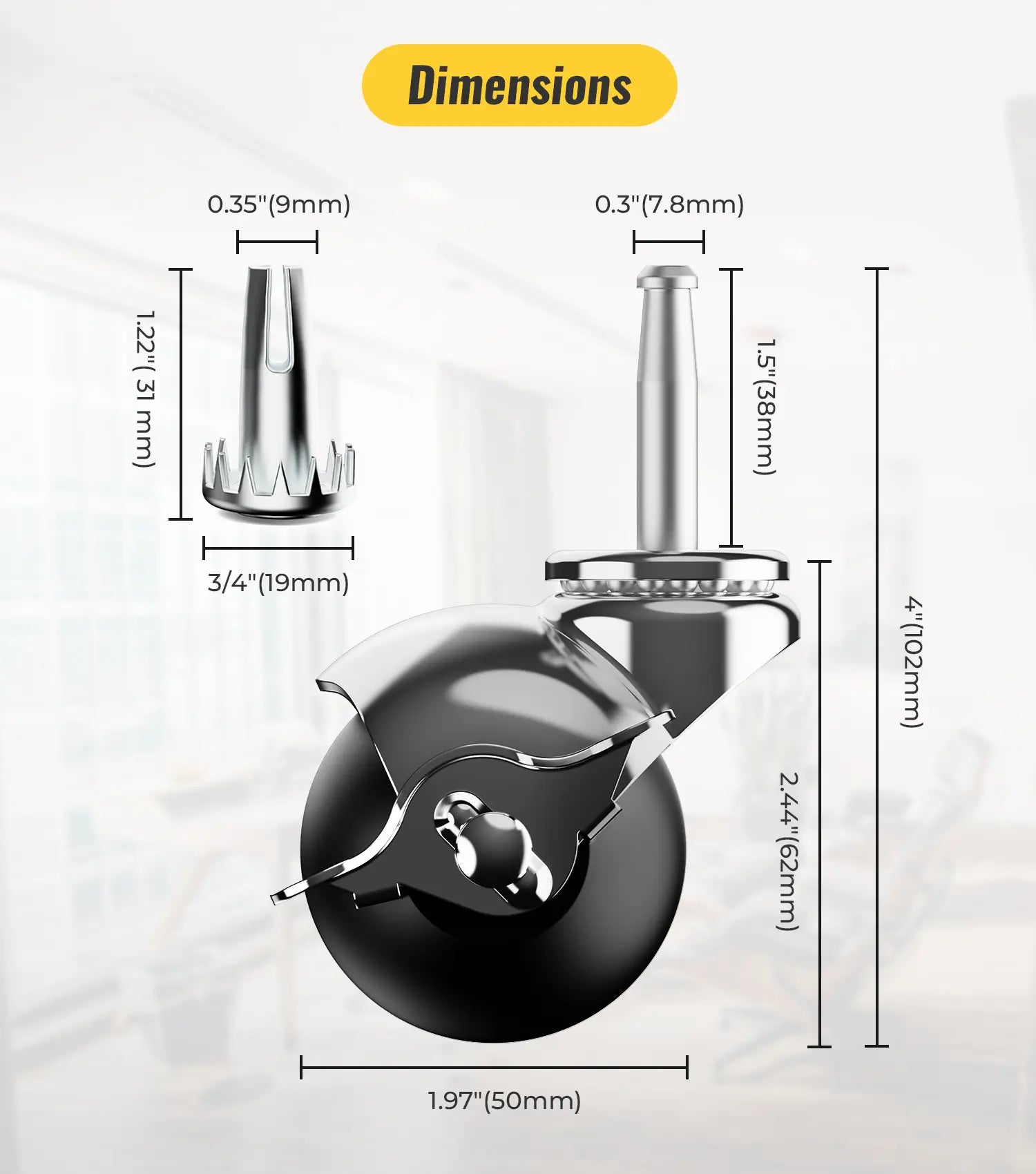 Ball caster grip ring stem dimensions chrome