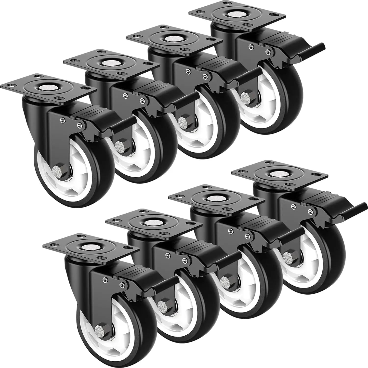 4 in Plate Casters Black with Brake (Set of 8)