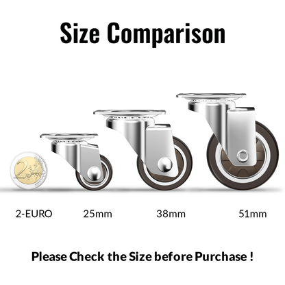 Size comparison of caster wheel brown next to 2 euro for reference
