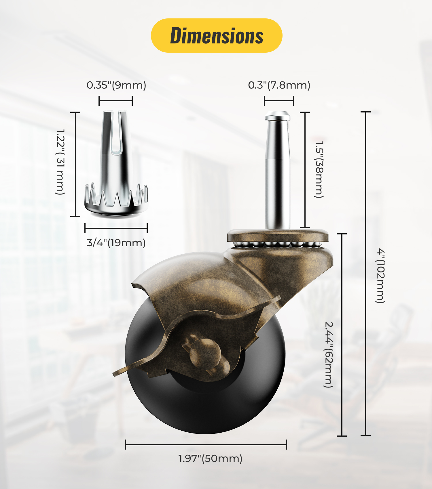 2 in Ball Stem Casters Brass with Brake Steam Threaded 1.5"X0.3"