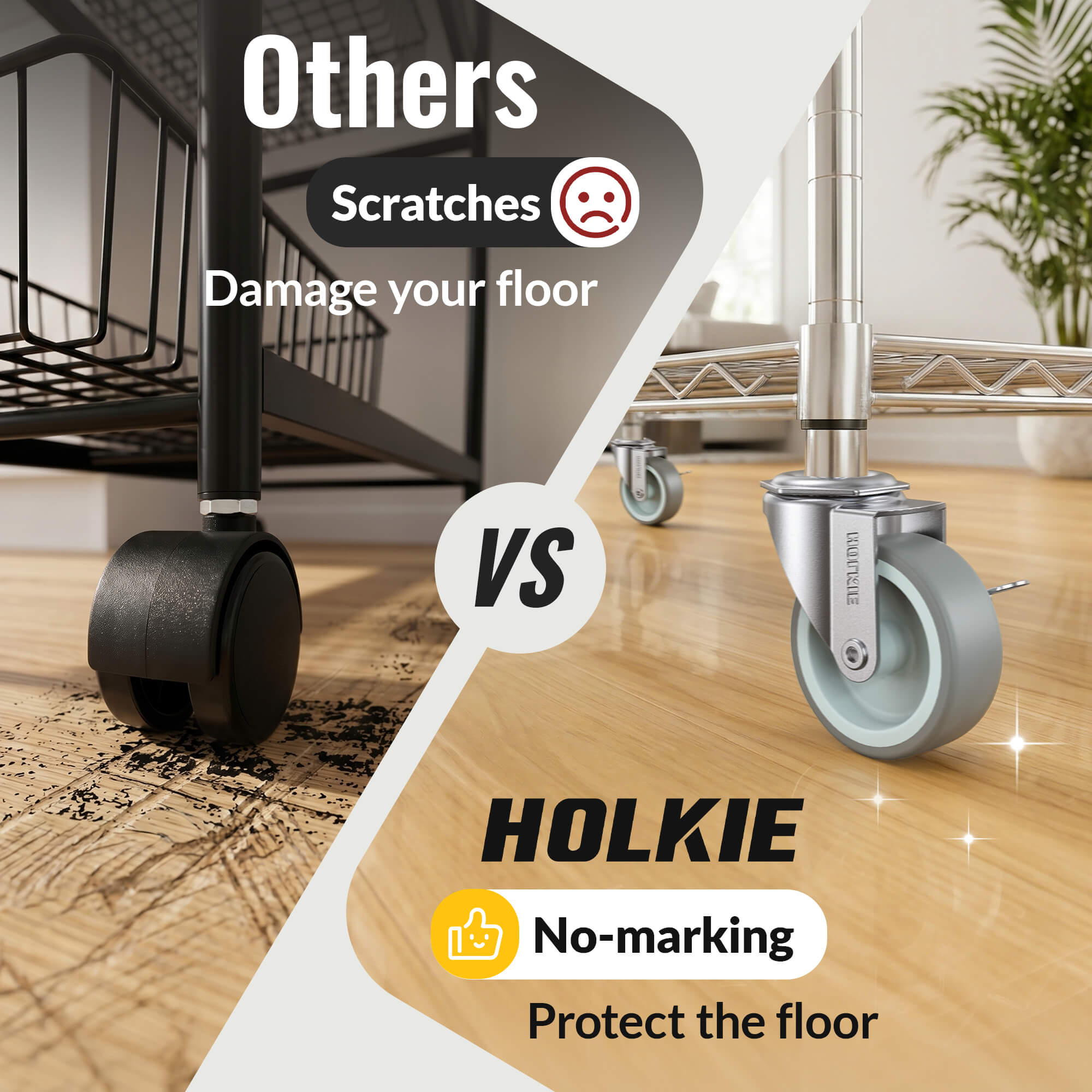 Gray Holkie stem caster with side brake smoothly across multiple floor types (hardwood, tile, cement) and rotate 360 degrees