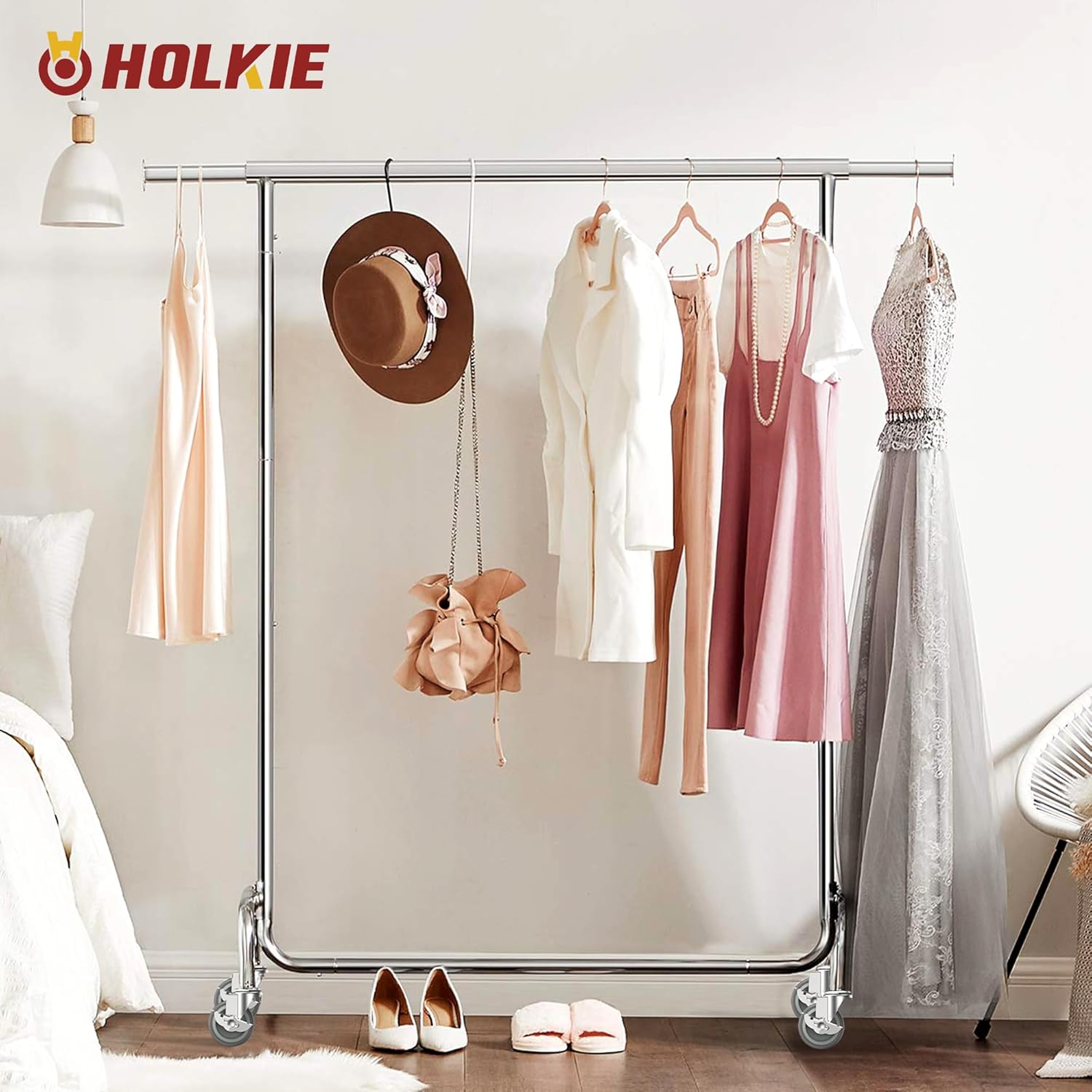 Holkie stem caster on clothing rack