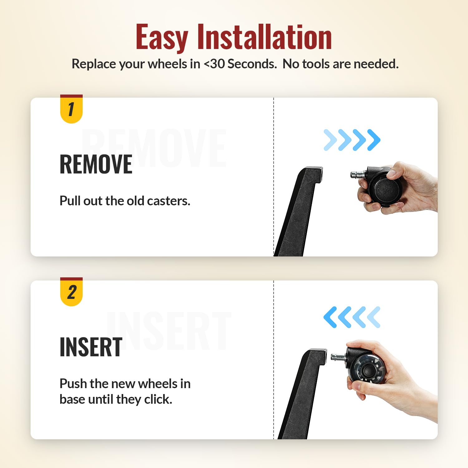 The caster of installation method, remove the old office caster, insert the new office caster - Holkie