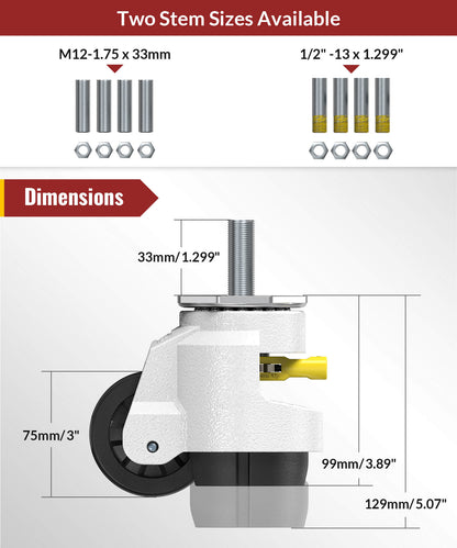 Leveling caster with stem TD100 detailed dimensions and size for installation - Holkie
