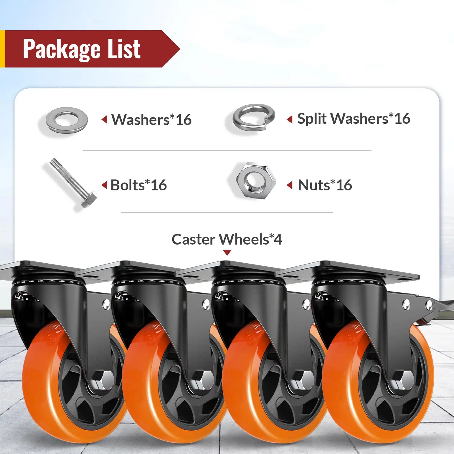 4 in Plate Casters Orange with Brake