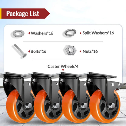 4 in Plate Casters Orange with Brake
