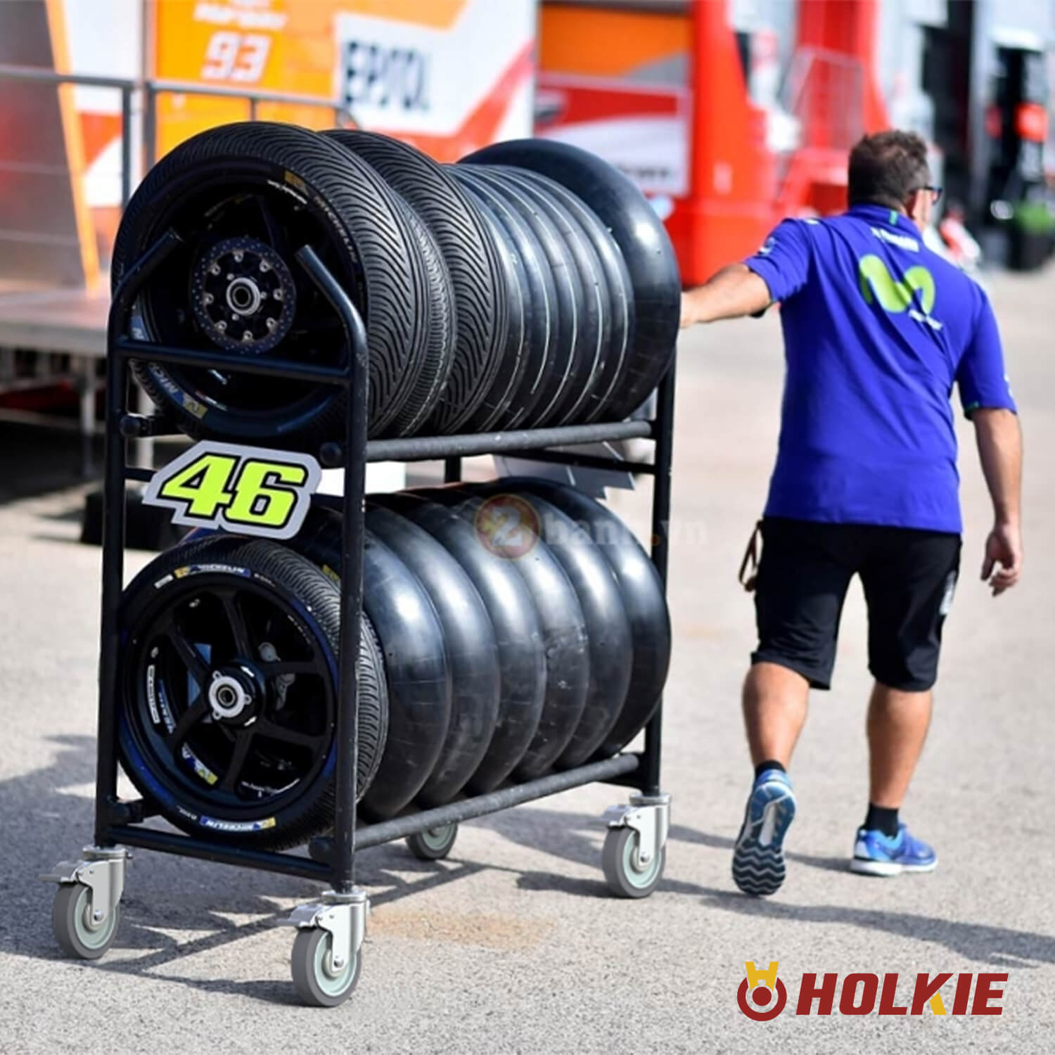 Rolling tire rack with Holkie 5-inch expanding stem casters, easy mobility for storage and transport