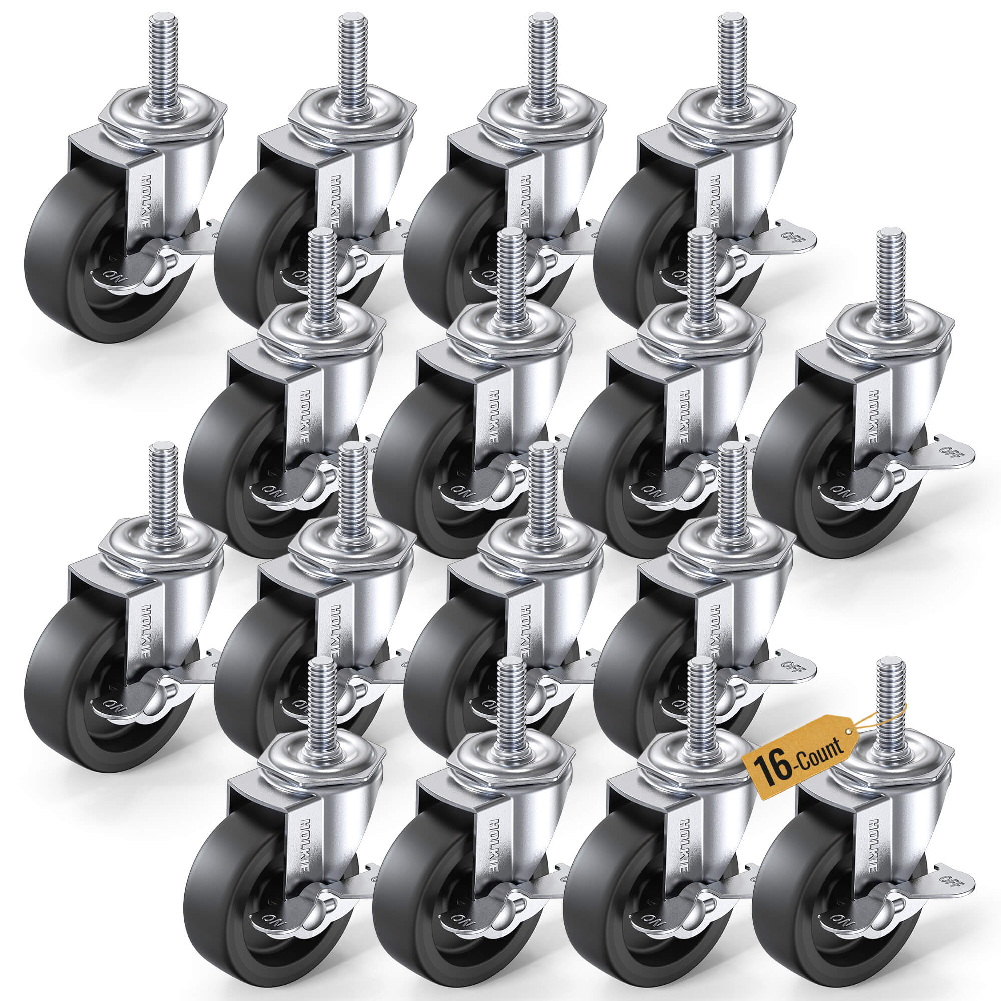Set Pack | 3 in Stem Caster Wheel Black Side Brake 3/8" -16 x 1-1/2"
