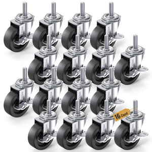 Set Pack | 3 in Stem Caster Wheel Black Side Brake 3/8" -16 x 1-1/2"