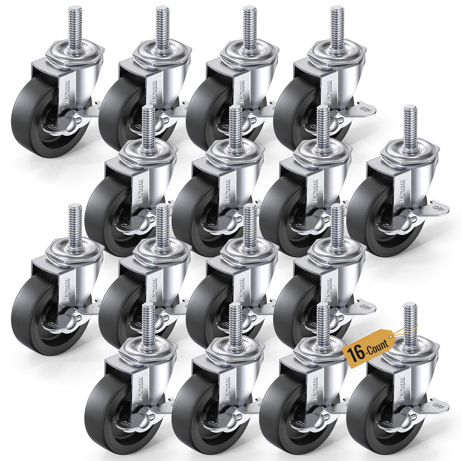 Set Pack | 3 in Stem Caster Wheel Black Side Brake 3/8" -16 x 1-1/2"
