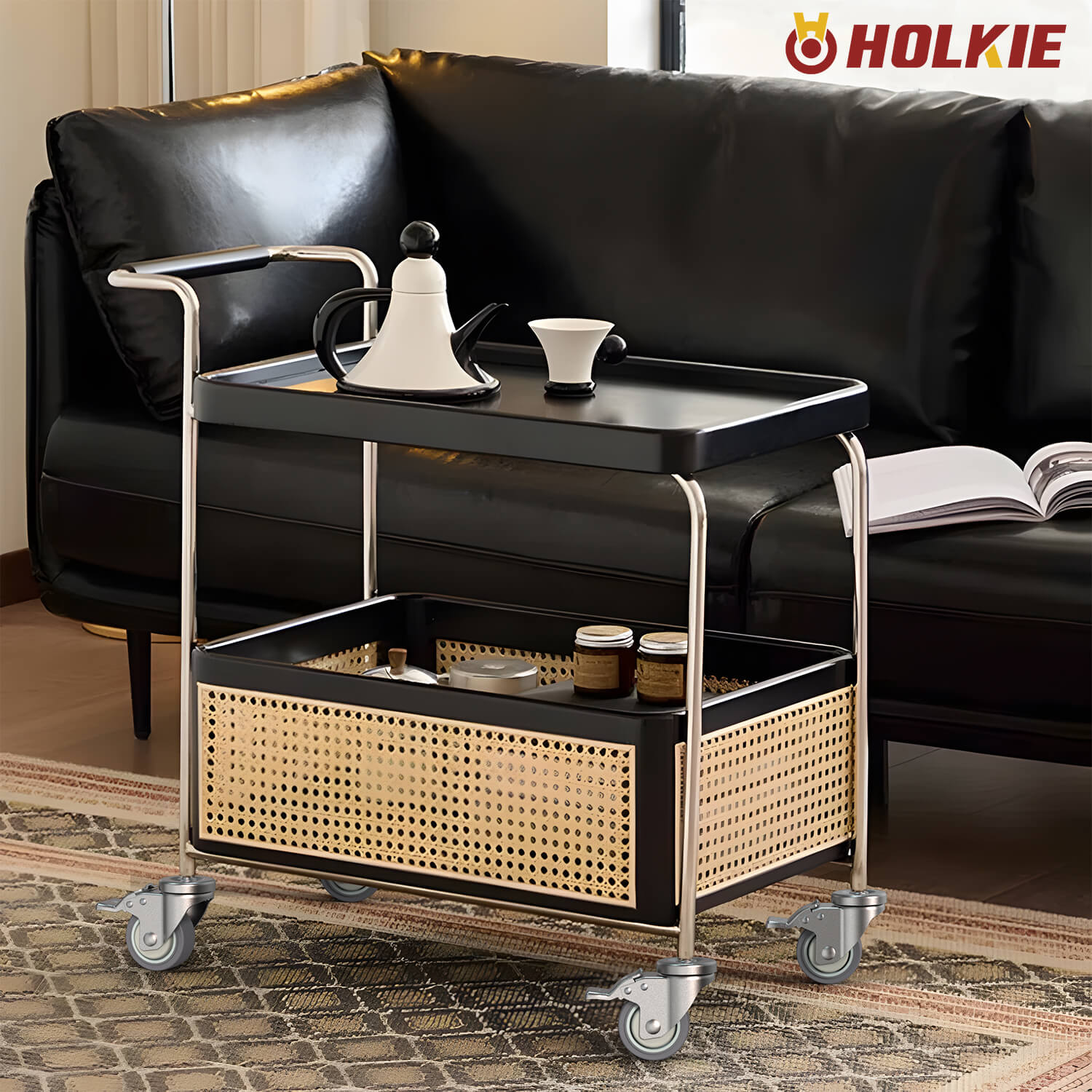 Holkie 3-inch adjustable expanding stem caster wheels installed on tea cart