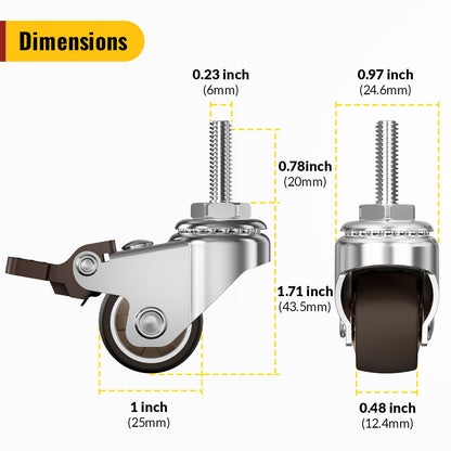 M6x1mm precision threaded stem (20mm length) total lock 1 inch caster - Holkie