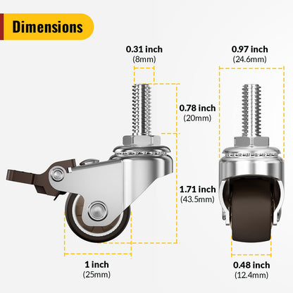 M8x1mm precision threaded stem (20mm length) total lock 1 inch caster - Holkie