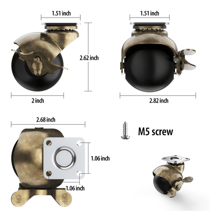 2 in Ball Plate Casters Brass with Brake