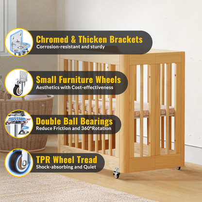 Wooden crib with Holkie 1.25in L-shaped casters wheels, features like chromed brackets and TPR wheel tread.