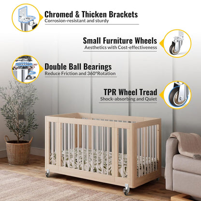 Wooden crib with Holkie 3in L-shaped casters wheels, features like chromed brackets and TPR wheel tread.