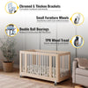 Wooden crib with Holkie 3in L-shaped casters wheels, features like chromed brackets and TPR wheel tread.