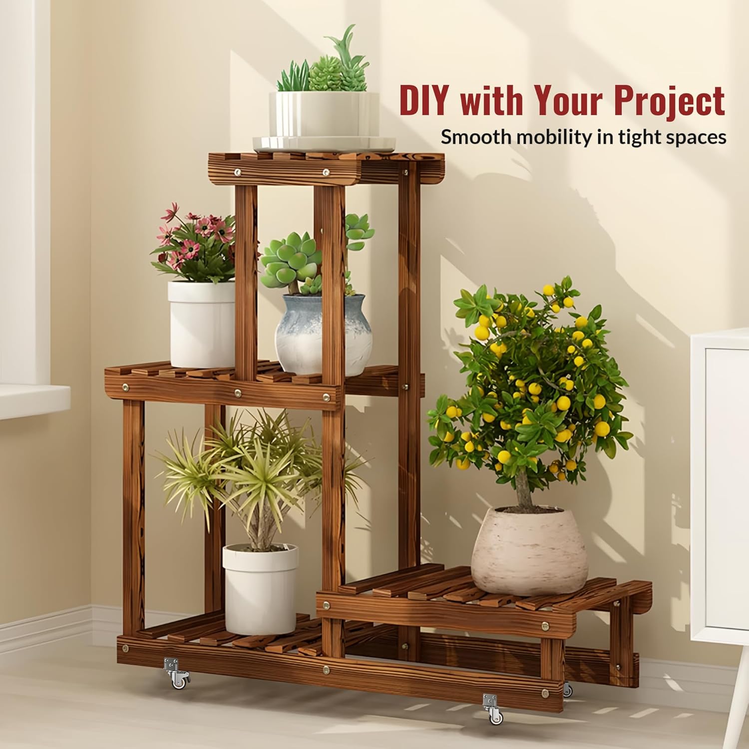 Wooden Rolling Plant Stand with 2 inch L-shaped casters installed. DIY with yours rolling cart- Holkie
