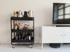 Black rolling bar cart with liquor bottles on Holkie stem caster, ideal for home bar or entertainment space