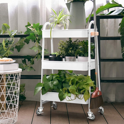 Rolling cart with plants on three tiers and Holkie grey stem casters, ideal for home or office storage